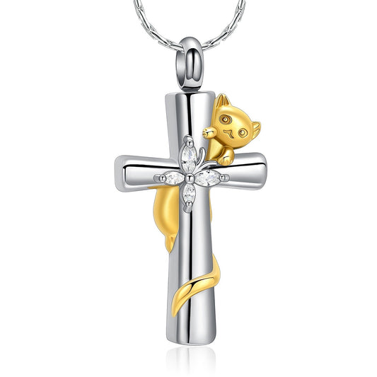 Pet Cat on Cross Ashes Necklace Pendant